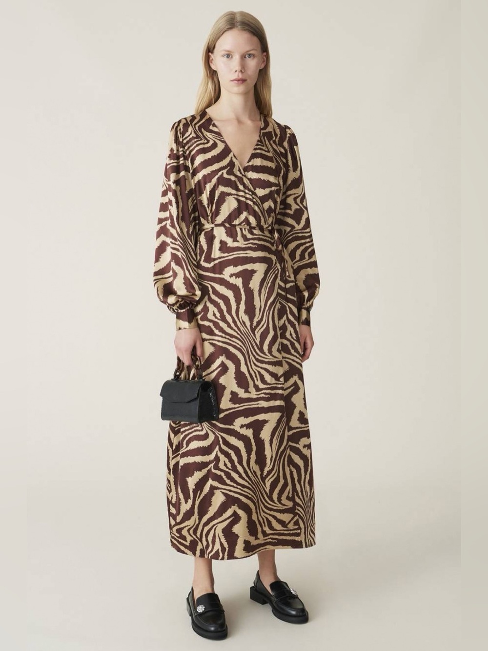 NWT Ganni Zebra Tiger Silk Wrap Maxi Dress Sz 36